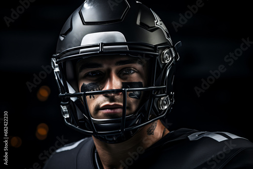 White American football player in dark uniform and helmet on a dark background