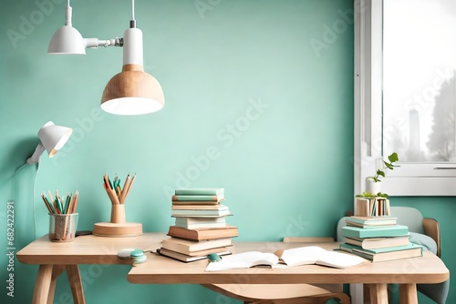 Pile of books, wooden hand and industrial mint colored lamp on stylish wooden desk in white kid`s bedroom