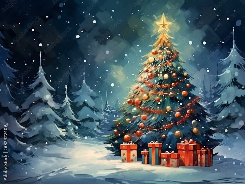 Christmas Tree, Christmas Gift, With Decoration, Winter Background With Bright Lights And Snow