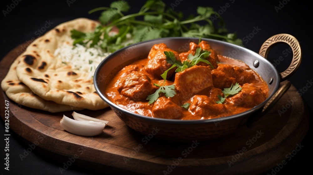 an image of a classic Indian butter chicken curry with naan bread on the side