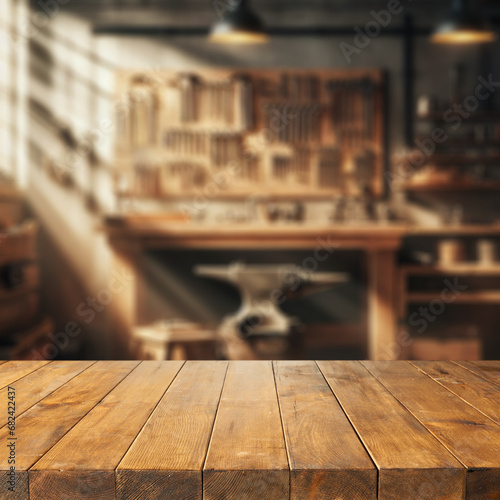 Worn old wooden table and workshop interior. Retro vintage photo of background and mockup. Sun light and dark shadows.