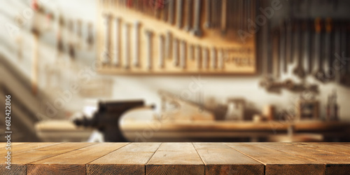 Worn old wooden table and workshop interior. Retro vintage photo of background and mockup. Sun light and dark shadows.
