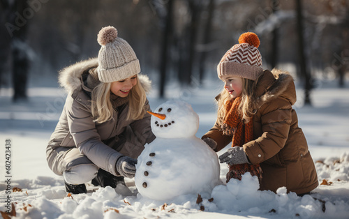 rodzinne zimowe zabawy na śniegu, lepienie bałwana z rodzicami.