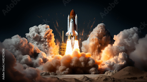 Realistic blue rocket flying in space. Spaceship rocket lunch. Catroon space shuttle for startup business concept.