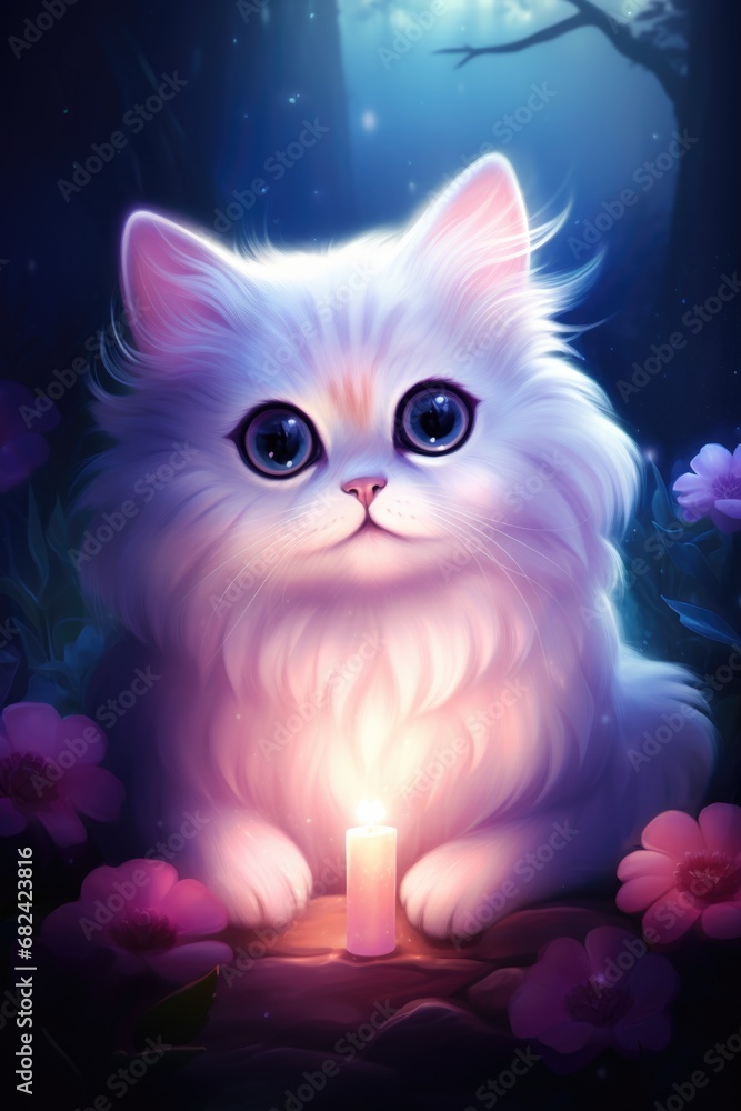 A white cat sitting on top of a table next to a lit candle.