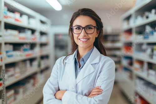 White female pharmacist smiles on camera at work