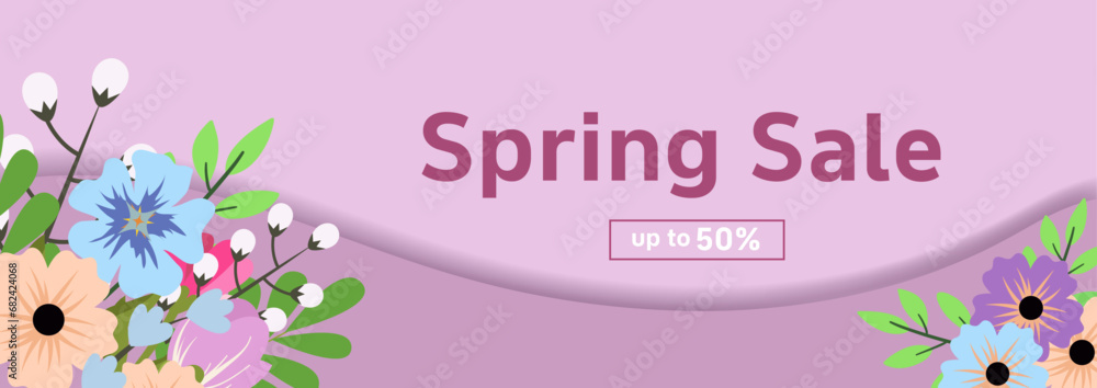 Spring sale cover banner with blooming flowers background template. For template, banners, wallpaper, flyers, invitation, posters, brochure, voucher discount. 