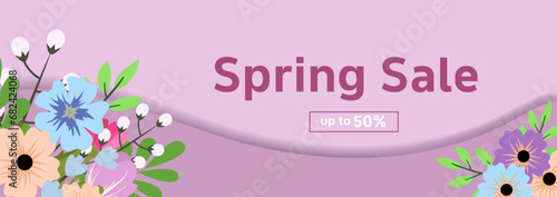 Spring sale cover banner with blooming flowers background template. For template, banners, wallpaper, flyers, invitation, posters, brochure, voucher discount. 