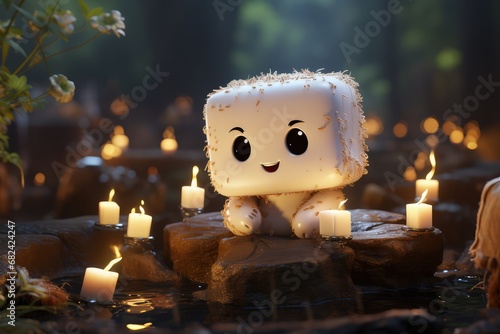 a funny spooky marshmallow smling and staring a Halloween campfire photo