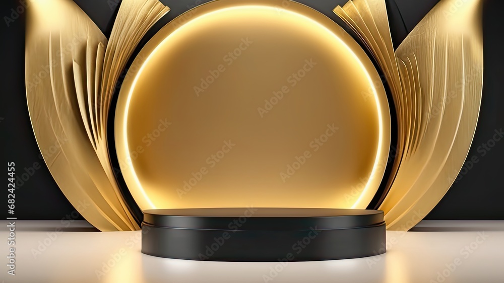 abstract black gold background with empty stage and folded fan, AI ...