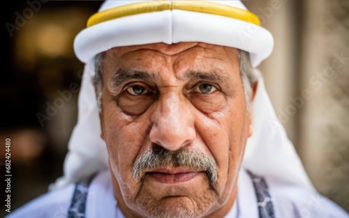 Traditional senior Arabic man wearing religious hat