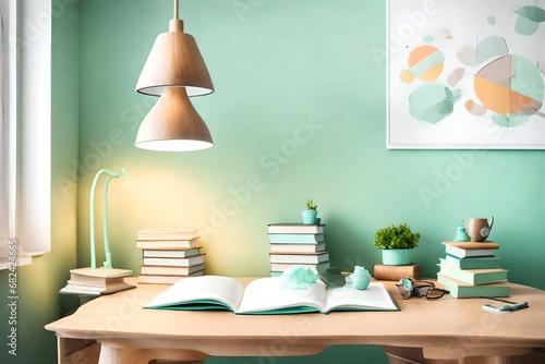 Pile of books, wooden hand and industrial mint colored lamp on stylish wooden desk in white kid`s bedroom