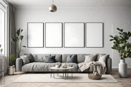 Mock up poster frame in modern interior background  livingroom  Scandinavian style  3D render