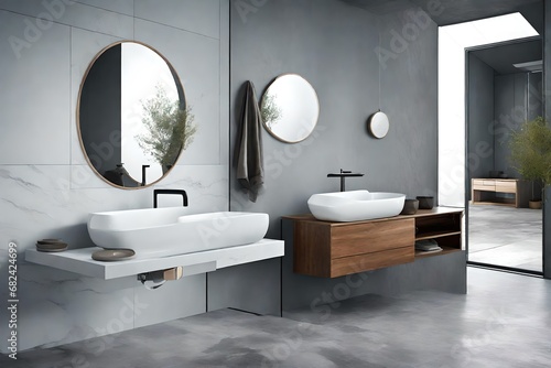Round mirrors hanging on the wall reflecting interior design scene  minimalist scandinavian washroom  modern