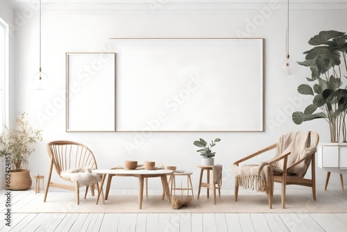 Mockup poster in the interior with a table in trendy colors. 3d