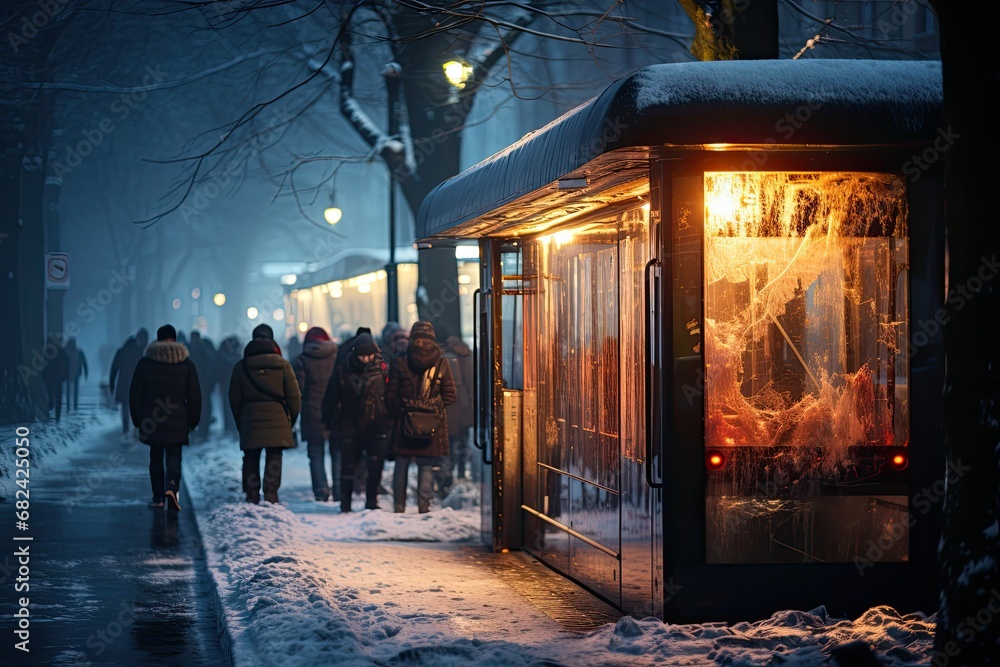 Obraz premium Lifestyle of people crowd while waiting bus at station on evening during rush hour after work for to return home on friday.