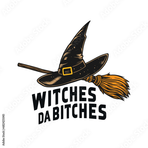 Hola Witches, lettering, hat and broom, vector illustration.