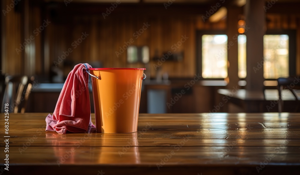 Behind the scenes: cleaning bucket on a wooden table in a bar - obrazy, fototapety, plakaty 