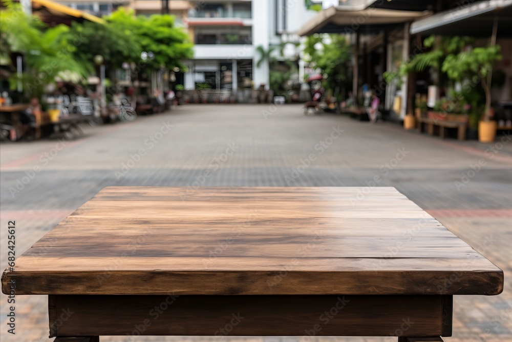 The empty wooden table with a blurry view of a city street
