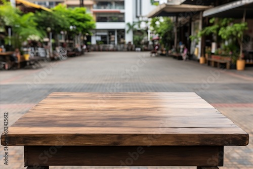 The empty wooden table with a blurry view of a city street © EduardSkorov