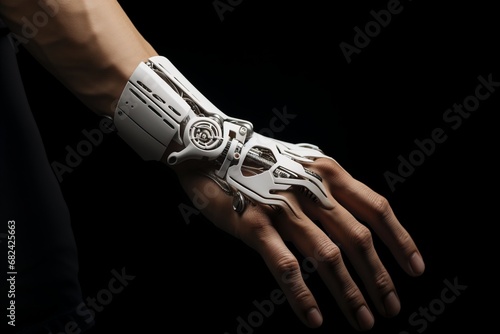 Bionic hand of a woman close-up, dark background