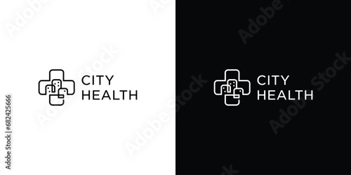 City Health Logo Design. Cross Health and Buliding. SYmbol Icon Vector Illustration.