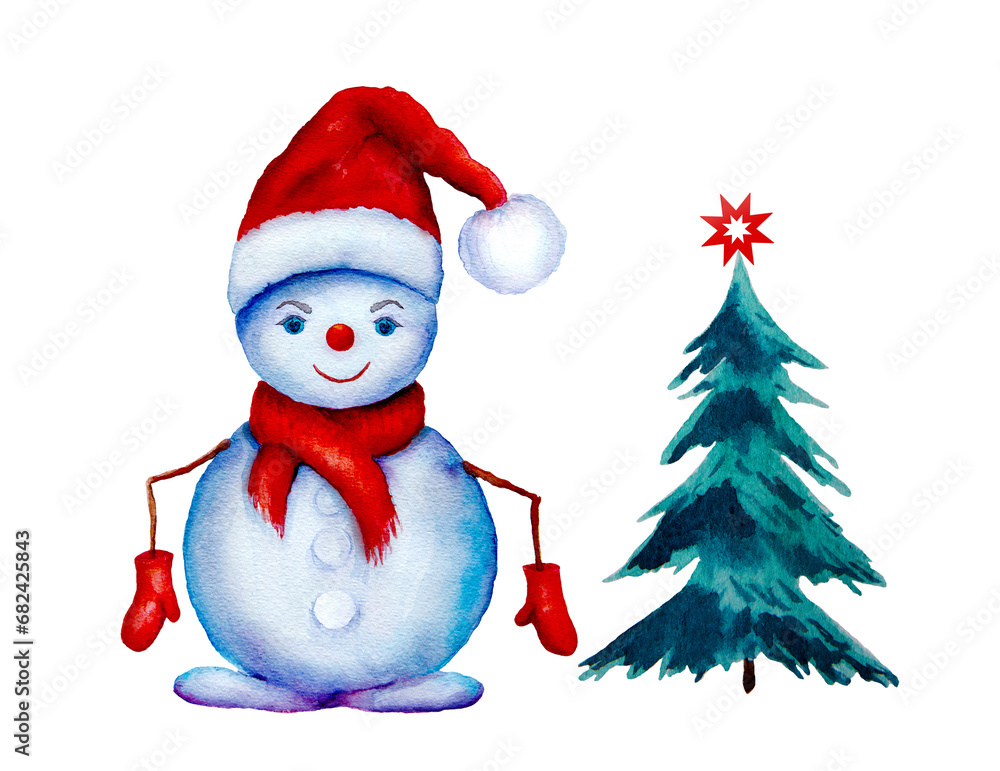 Merry Christmas background with green fir tree and snowman. Merry Christmas background with green fir tree and snowman.