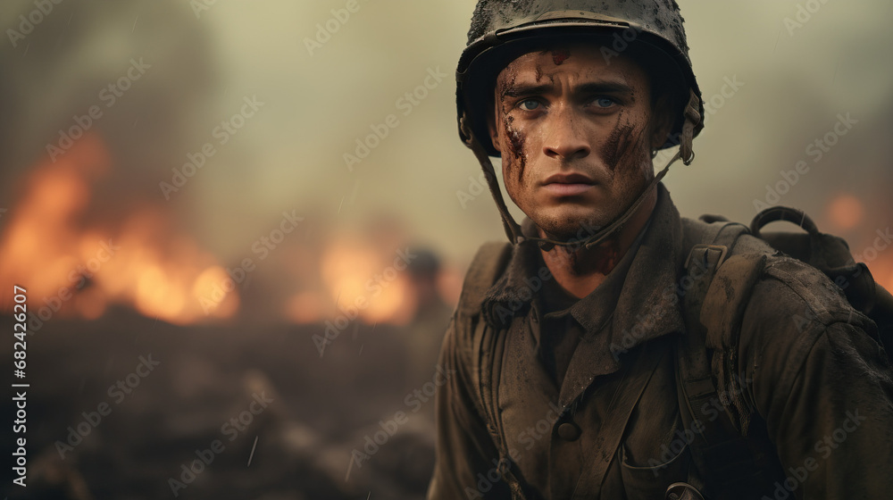 World War 2 solider on the battlefield. Concept of Historical conflict