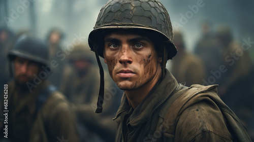 World War 2 solider on the battlefield. Concept of Historical conflict, wartime heroism, battlefield scene, soldier's duty, World War II, combat experience, wartime courage. photo