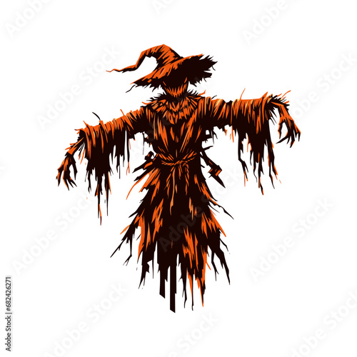 Creepy Halloween scarecrow evil orange color silhouette vector illustration isolated on transparent background Happy Halloween, creepy creature. Harvest, autumn season.