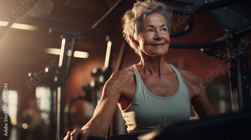 Older senior grandma working out at gym with weights on machine. Concept of Active aging, senior fitness, gym workout, strength training, weightlifting, healthy lifestyle, exercise equipment, fitness.