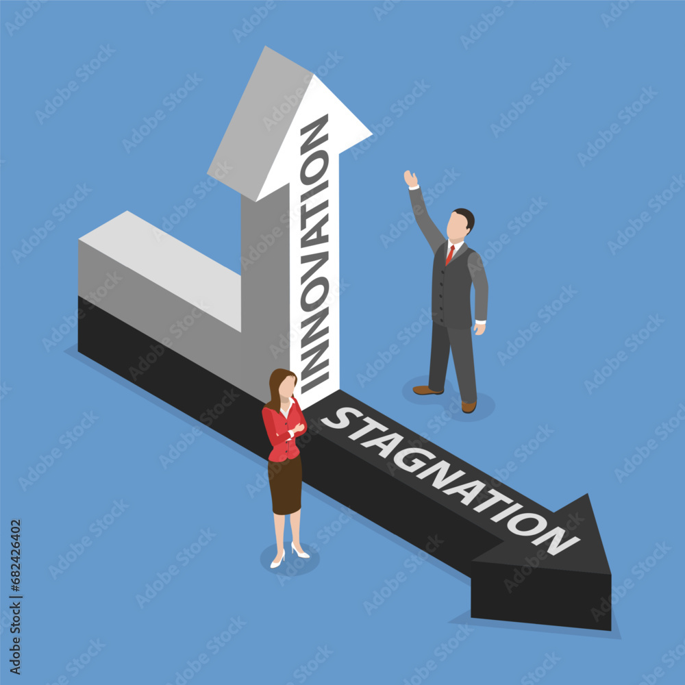Fototapeta premium 3D Isometric Flat Vector Illustration of Innovation and Stagnation, Obstacles and Limitations VS Development