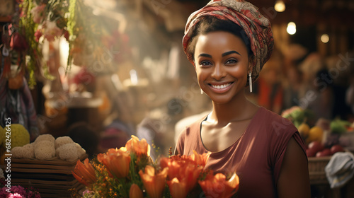 Ghanaian Woman Wearing Apron Selling Flowers at the Market  photo