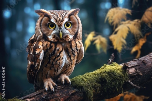 Owl on a tree on a branch in the wild