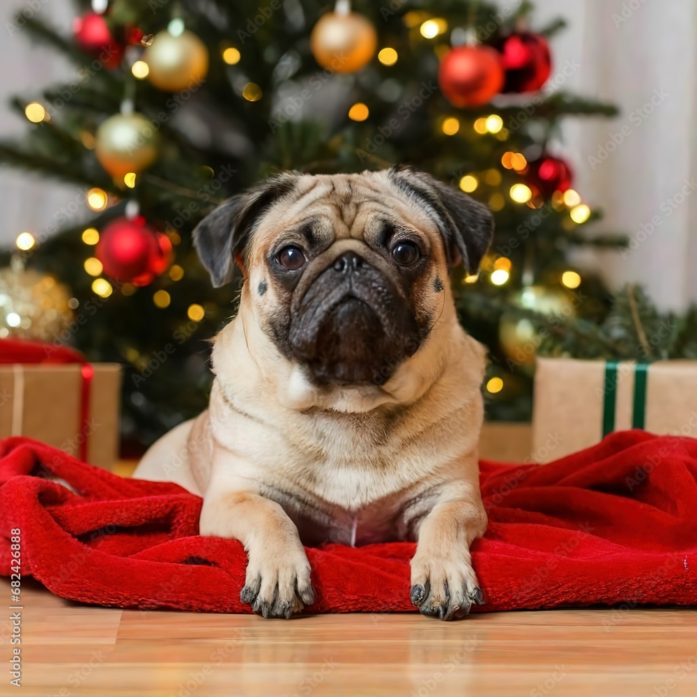 pug sitting under christmas tree