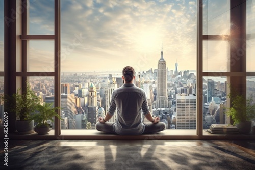 A man meditates in the lotus position against the backdrop of a metropolis, tall buildings outside the window photo