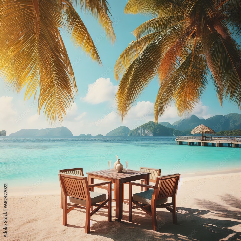 Table and chair at tropical summer beach background