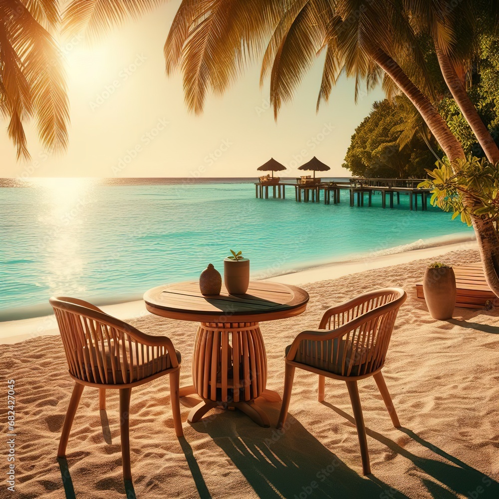 Table and chair at tropical summer beach background
