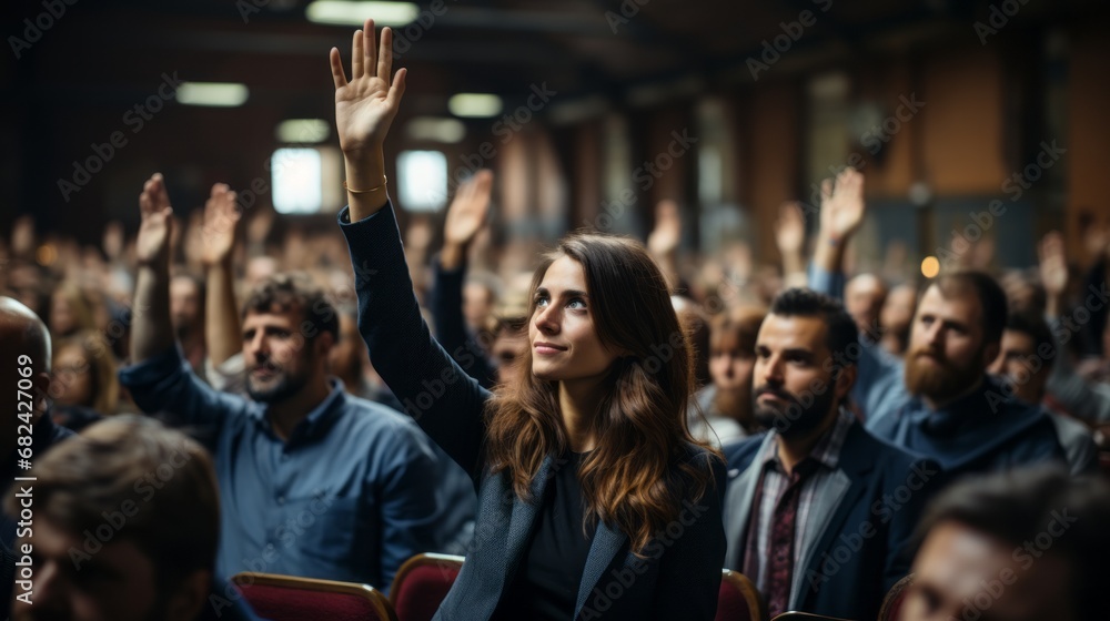 Fototapeta premium At a professional business seminar, a diverse audience raises their hands in an important decision