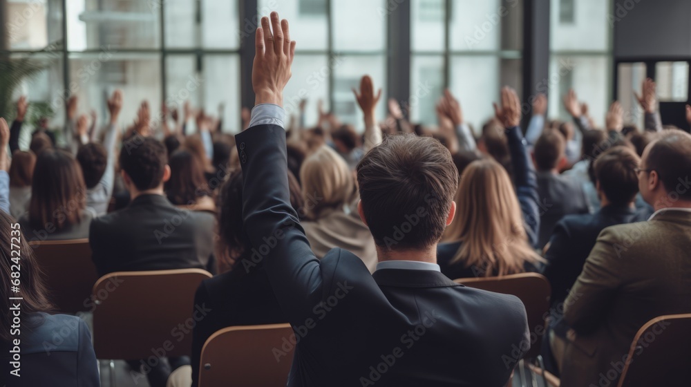 At a professional business seminar, a diverse audience raises their hands in an important decision At a professional business seminar, a diverse audience raises their hands in an important decision