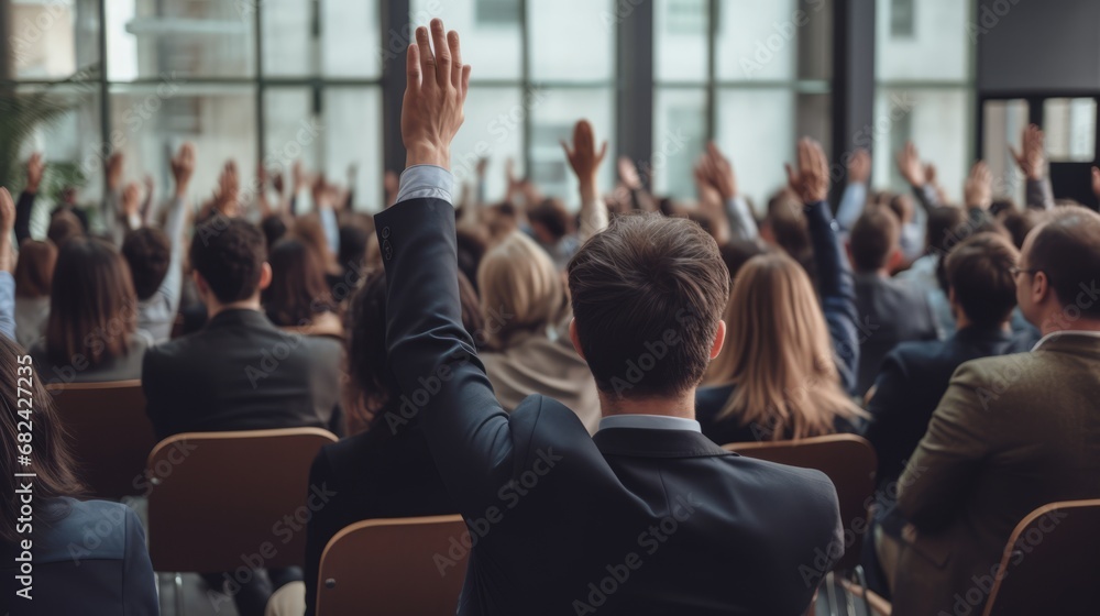 At a professional business seminar, a diverse audience raises their hands in an important decision