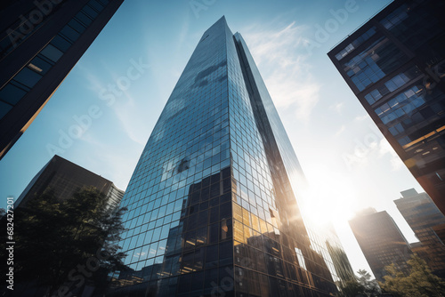 A modern corporate skyscraper gleaming in the sunlight, Low angle view of skyscrapers, Generative AI photo