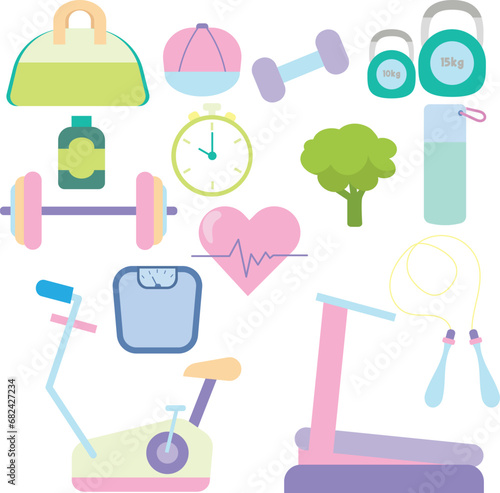 Vector set of workout and gym tools equipment sticker elements