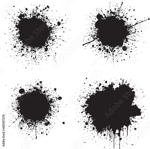 round Ink drops and splashes. Blotter spots, liquid paint drip drop splash and ink splatter. Artistic dirty grunge abstract spot vector set. Illustration monochrome drip splash, splat messy inkblot
