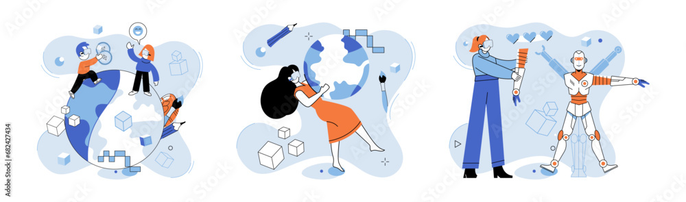 Virtual world vector illustration. The digital world offers limitless environment for exploration and creativity Augmented reality enhances our perception world by overlaying digital elements