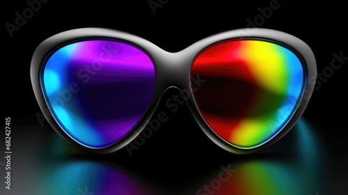A pair of colorful sunglasses on a reflective surface.
