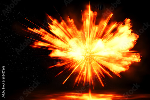 Powerful Explosion with fires and light rays flying everywhere with flaming flash