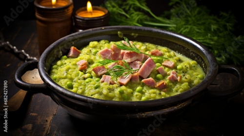 an image of a comforting bowl of split pea soup with chunks of ham
