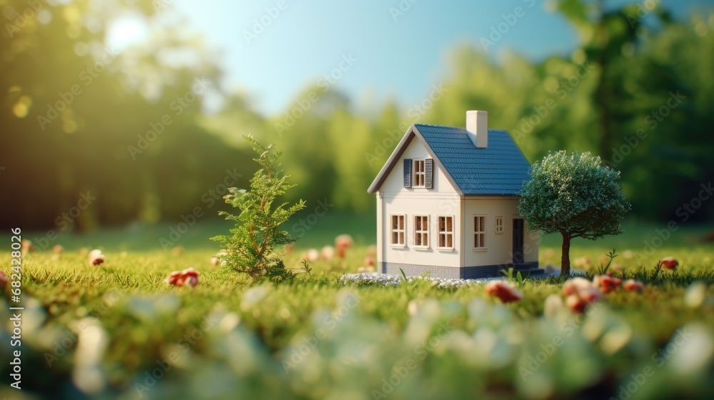 Miniature eco toy house background in green environment with free place for text. Young family, real estate industry Miniature eco toy house background in green environment with free place for text. Young family, real estate industry