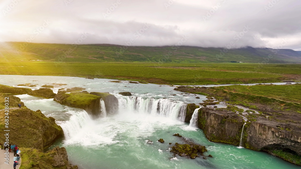Aerial view of Godafoss waterfall on Skjalfandafljot river, Iceland. Aerial view of Godafoss waterfall on Skjalfandafljot river, Iceland.